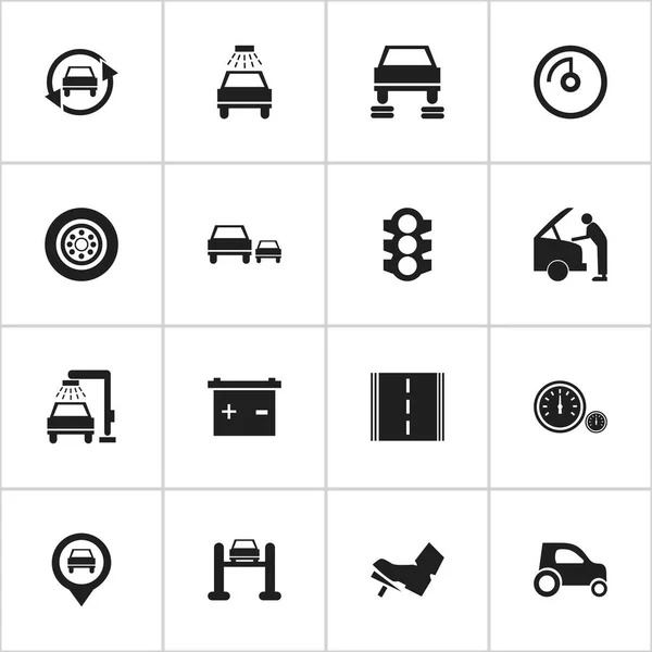 Satz von 16 editierbaren Auto-Symbolen. enthält Symbole wie Autobahn, Tacho, Fahrzeug Auto und vieles mehr. kann für Web-, Mobil-, UI- und Infografik-Design verwendet werden. — Stockvektor