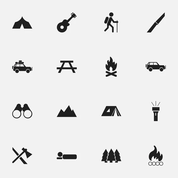 Conjunto de 16 ícones de viagem editáveis. Inclui símbolos como pinheiro, faca, febre e muito mais. Pode ser usado para Web, Mobile, UI e design infográfico . — Vetor de Stock
