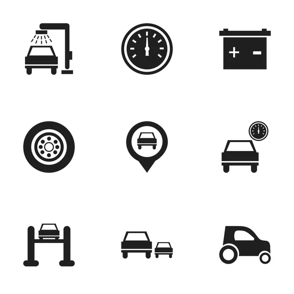 Ensemble de 9 icônes de transport modifiables. Comprend des symboles tels que le pneu, l'automobile, le service automobile et plus encore. Peut être utilisé pour le Web, mobile, interface utilisateur et infographie . — Image vectorielle