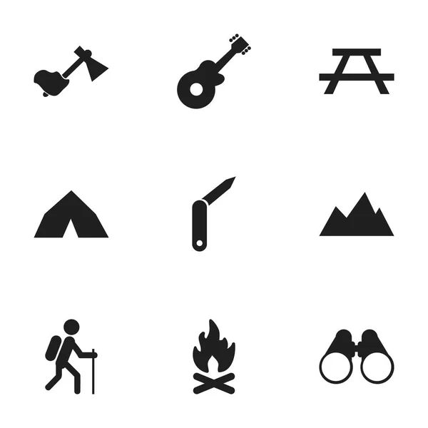Set di 9 icone di viaggio modificabili. Include simboli come Ax, andatura, picco e altro ancora. Può essere utilizzato per la progettazione web, mobile, UI e infografica . — Vettoriale Stock