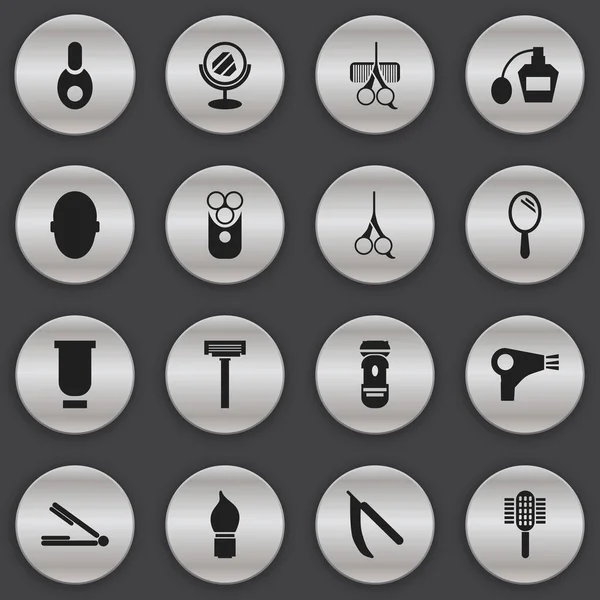 Conjunto de 16 iconos de peluquero editables. Incluye símbolos como aroma, desecador, cuchilla y más. Puede ser utilizado para el diseño de la tela, móvil, interfaz de usuario e infografía . — Archivo Imágenes Vectoriales