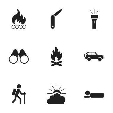 9 düzenlenebilir seyahat simgeler kümesi. Fener, alan gözlük, Blaze ve daha fazlası gibi simgeler içerir. Web, mobil, UI ve Infographic tasarımı için kullanılabilir.