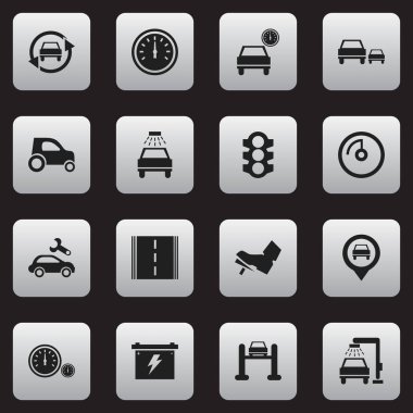 16 düzenlenebilir araba simgeler kümesi. Otoyol, yarış, otomobil ve daha fazlası gibi simgeler içerir. Web, mobil, UI ve Infographic tasarımı için kullanılabilir.