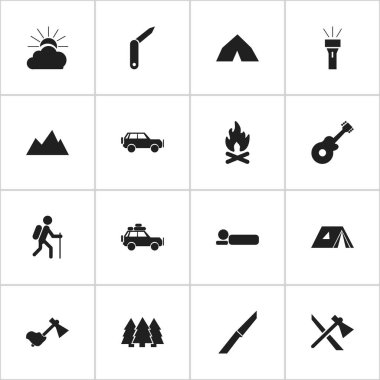 16 düzenlenebilir gezi simgeler kümesi. Spor araç, Tomahawk, fener ve daha fazlası gibi simgeler içerir. Web, mobil, UI ve Infographic tasarımı için kullanılabilir.