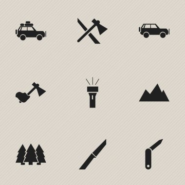 9 düzenlenebilir gezi simgeler kümesi. Sustalı bıçak, Tomahawk, bıçak ve daha fazlası gibi simgeler içerir. Web, mobil, UI ve Infographic tasarımı için kullanılabilir.