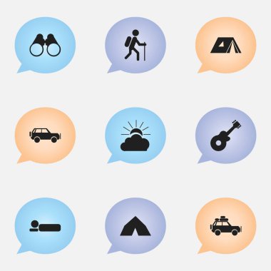 9 düzenlenebilir seyahat simgeler kümesi. Yürüyüş, müzik aleti, yolculuk araba ve daha fazlası gibi simgeler içerir. Web, mobil, UI ve Infographic tasarımı için kullanılabilir.