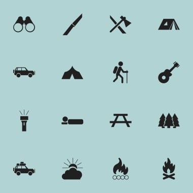 16 düzenlenebilir seyahat simgeler kümesi. Barınak, sığınak, Blaze ve daha fazlası gibi simgeler içerir. Web, mobil, UI ve Infographic tasarımı için kullanılabilir.