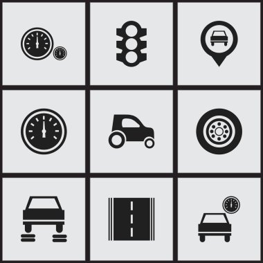 9 düzenlenebilir taşıma simgeler kümesi. Trafik ışığı, işaretçi, lastik ve daha fazlası gibi simgeler içerir. Web, mobil, UI ve Infographic tasarımı için kullanılabilir.