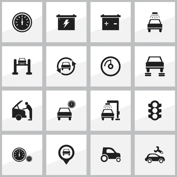 Set van 16 bewerkbare verkeer iconen. Bevat symbolen zoals snelheidsmeter, auto Fix, Accumulator en meer. Kan worden gebruikt voor Web, Mobile, Ui en Infographic Design. — Stockvector