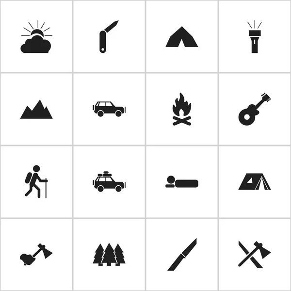 Zestaw 16 ikon można edytować podróży. Zawiera symbole, takie jak Sport pojazd, Tomahawk, latarnia i więcej. Mogą być używane dla sieci Web, mobilnych, interfejsu użytkownika i Infographic Design. — Wektor stockowy