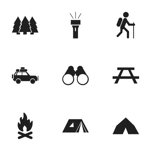 Set de 9 iconos de viaje editables. Incluye símbolos como escritorio, linterna, gafas de campo y más. Puede ser utilizado para el diseño de la tela, móvil, interfaz de usuario e infografía . — Vector de stock