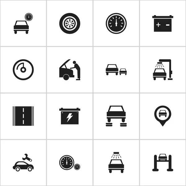Satz von 16 editierbaren Verkehrssymbolen. umfasst Symbole wie Autobahn, Rasse, Autoservice und vieles mehr. kann für Web-, Mobil-, UI- und Infografik-Design verwendet werden. — Stockvektor