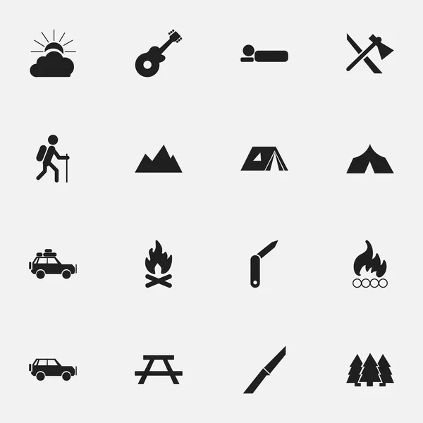 Zestaw 16 ikon można edytować podróży. Zawiera symbole, takie jak chód, Blaze, Sunrise i więcej. Mogą być używane dla sieci Web, mobilnych, interfejsu użytkownika i Infographic Design. — Wektor stockowy