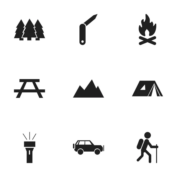 Set de 9 iconos de camping editables. Incluye símbolos como refugio, vehículo deportivo, escritorio y más. Puede ser utilizado para el diseño de la tela, móvil, interfaz de usuario e infografía . — Vector de stock