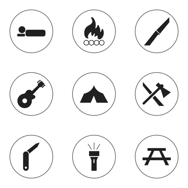 Set di 9 icone da campeggio modificabili. Include simboli come scrivania, strumento musicale, coltello e altro ancora. Può essere utilizzato per la progettazione web, mobile, UI e infografica . — Vettoriale Stock