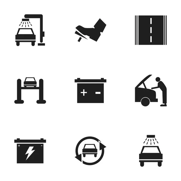 Conjunto de 9 iconos de coches editables. Incluye símbolos como la carretera, lavado de vehículos, roscado y más. Puede ser utilizado para el diseño de la tela, móvil, interfaz de usuario e infografía . — Vector de stock