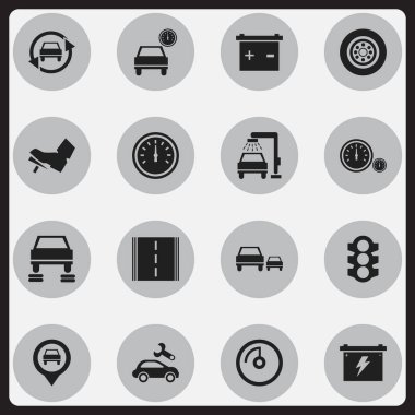 16 düzenlenebilir araba simgeler kümesi. Hız ekran, otomotiv düzeltme, lastik ve daha fazlası gibi simgeler içerir. Web, mobil, UI ve Infographic tasarımı için kullanılabilir.