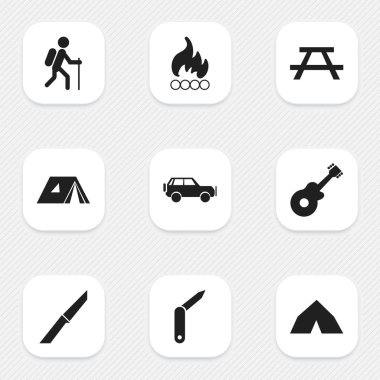 9 düzenlenebilir seyahat simgeler kümesi. Sustalı bıçak, bıçak, Blaze ve daha fazlası gibi simgeler içerir. Web, mobil, UI ve Infographic tasarımı için kullanılabilir.