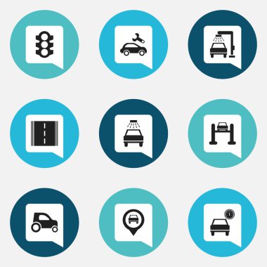 9 düzenlenebilir taşıma simgeler kümesi. Araç yıkama, oto Servisi, işaretçi ve daha fazlası gibi simgeler içerir. Web, mobil, UI ve Infographic tasarımı için kullanılabilir.