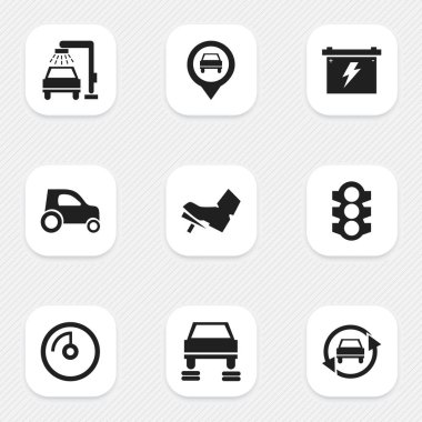 9 düzenlenebilir taşıma simgeler kümesi. Araç Araba, oto tamir, hız ekran ve daha fazlası gibi simgeler içerir. Web, mobil, UI ve Infographic tasarımı için kullanılabilir.