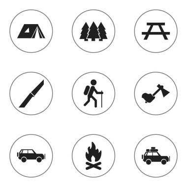 9 düzenlenebilir kamp simgeler kümesi. Çam, yürüyüş, ateş ve daha fazla gibi simgeler içerir. Web, mobil, UI ve Infographic tasarımı için kullanılabilir.