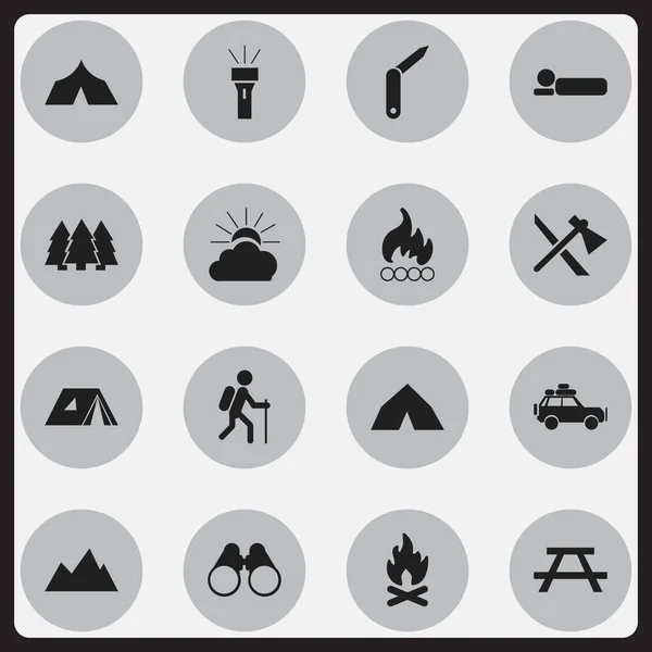 Conjunto de 16 iconos de viaje editables. Incluye símbolos como escritorio, refugio, rollo de cama y más. Puede ser utilizado para el diseño de la tela, móvil, interfaz de usuario e infografía . — Vector de stock