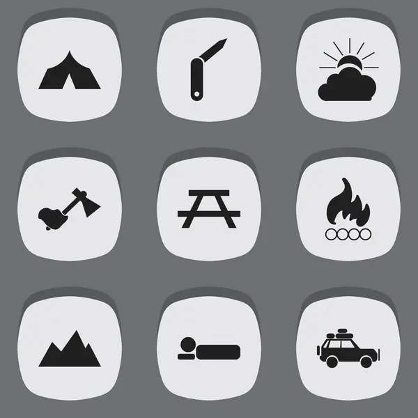 Набор из 9 настольных туристических иконок. Includes Symbols such as Bedroll, Peak, Clasp-Knife and More. Can be used for Web, Mobile, UI and Infographic Design . — стоковый вектор