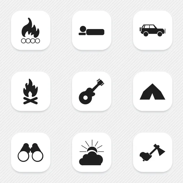 Set von 9 editierbaren Reise-Symbolen. beinhaltet Symbole wie Tipi, Sonnenaufgang, Sportfahrzeug und mehr. kann für Web-, Mobil-, UI- und Infografik-Design verwendet werden. — Stockvektor