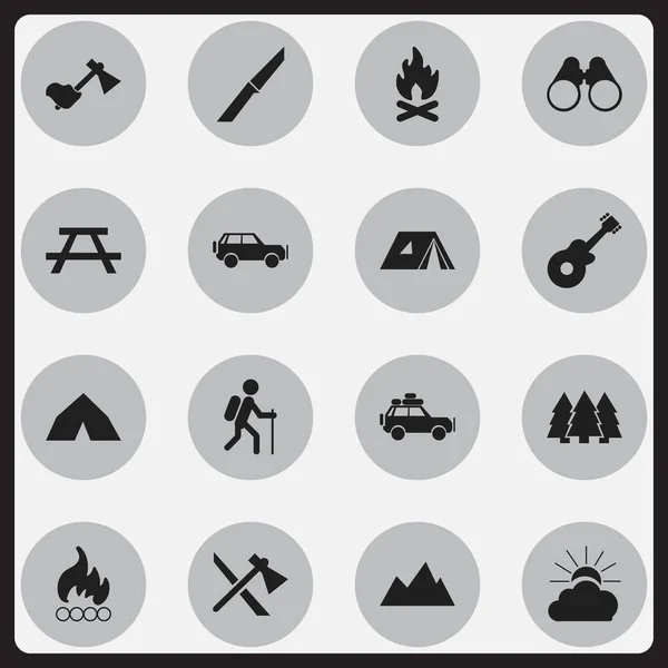 Conjunto de 16 iconos de camping editables. Incluye símbolos como coche de viaje, marcha, fiebre y más. Puede ser utilizado para el diseño de la tela, móvil, interfaz de usuario e infografía . — Archivo Imágenes Vectoriales