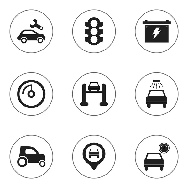 Ensemble de 9 icônes de véhicules modifiables. Comprend des symboles tels que la voiture Lave, Automobile, Batterie et plus. Peut être utilisé pour le Web, mobile, interface utilisateur et infographie . — Image vectorielle