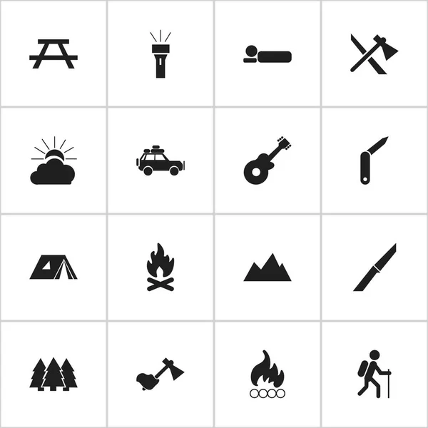 Set di 16 icone da campeggio modificabili. Include simboli come Tomahawk, andatura, auto di viaggio e altro ancora. Può essere utilizzato per la progettazione web, mobile, UI e infografica . — Vettoriale Stock