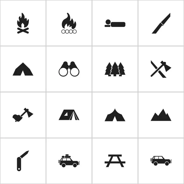 Set di 16 icone da campeggio modificabili. Include simboli come Tomahawk, Chiusura-Coltello, Fiamma e altro ancora. Può essere utilizzato per la progettazione web, mobile, UI e infografica . — Vettoriale Stock