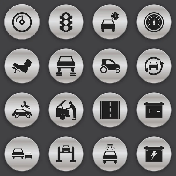 Satz von 16 editierbaren Transport-Symbolen. umfasst Symbole wie Automobil fix, Ampel, Autobahn und vieles mehr. kann für Web-, Mobil-, UI- und Infografik-Design verwendet werden. — Stockvektor