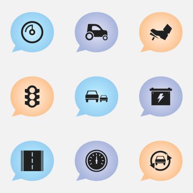 9 düzenlenebilir taşıma simgeler kümesi. Otoyol, pil, hız kontrolü ve daha fazlası gibi simgeler içerir. Web, mobil, UI ve Infographic tasarımı için kullanılabilir.