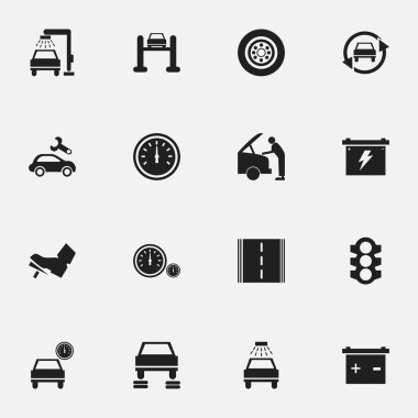 16 düzenlenebilir araba simgeler kümesi. Oto tamir, Otoyol, araç yıkama ve daha fazlası gibi simgeler içerir. Web, mobil, UI ve Infographic tasarımı için kullanılabilir.