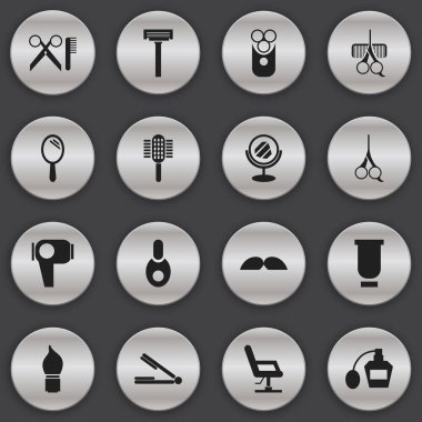 16 düzenlenebilir berber simgeler kümesi. Bıyık, bodur, kesici alet ve daha fazlası gibi simgeler içerir. Web, mobil, UI ve Infographic tasarımı için kullanılabilir.