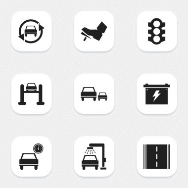 9 düzenlenebilir taşıma simgeler kümesi. Trafik ışığı, Otoban, yarış ve daha fazlası gibi simgeler içerir. Web, mobil, UI ve Infographic tasarımı için kullanılabilir.