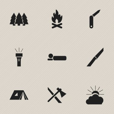 9 düzenlenebilir seyahat simgeler kümesi. Sırt yatağı, Tomahawk, gibi simgeler sustalı bıçak ve daha fazlasını içerir. Web, mobil, UI ve Infographic tasarımı için kullanılabilir.