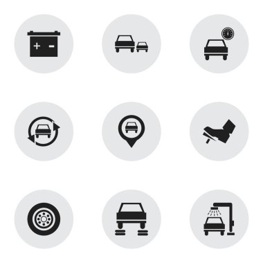 9 düzenlenebilir araç simgeler kümesi. Otomobil, pedalla, lastik ve daha fazlası gibi simgeler içerir. Web, mobil, UI ve Infographic tasarımı için kullanılabilir.