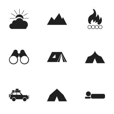 9 düzenlenebilir gezi simgeler kümesi. Barınak, tepe, çadır ve daha fazlası gibi simgeler içerir. Web, mobil, UI ve Infographic tasarımı için kullanılabilir.