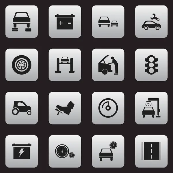 Satz von 16 editierbaren Auto-Symbolen. beinhaltet Symbole wie Autobahn, Lauffläche, Geschwindigkeitsanzeige und vieles mehr. kann für Web-, Mobil-, UI- und Infografik-Design verwendet werden. — Stockvektor