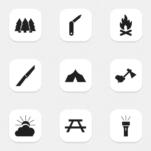 Set de 9 iconos de camping editables. Incluye símbolos como fiebre, refugio, escritorio y más. Puede ser utilizado para el diseño de la tela, móvil, interfaz de usuario e infografía . — Vector de stock