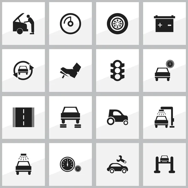 Set van 16 bewerkbare vervoer iconen. Bevat symbolen zoals auto, accu, band en meer. Kan worden gebruikt voor Web, Mobile, Ui en Infographic Design. — Stockvector