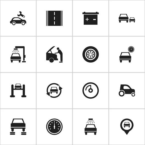 Satz von 16 editierbaren Verkehrssymbolen. beinhaltet Symbole wie Autoreparatur, Autoservice, Zeiger und mehr. kann für Web-, Mobil-, UI- und Infografik-Design verwendet werden. — Stockvektor