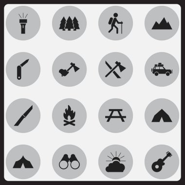 16 düzenlenebilir kamp simgeler kümesi. Çam, Tomahawk, Resepsiyon ve daha fazlası gibi simgeler içerir. Web, mobil, UI ve Infographic tasarımı için kullanılabilir.