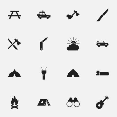 16 düzenlenebilir seyahat simgeler kümesi. Tomahawk, yolculuk Araba, bıçak ve daha fazlası gibi simgeler içerir. Web, mobil, UI ve Infographic tasarımı için kullanılabilir.