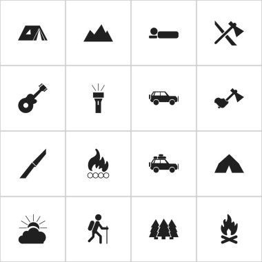 16 düzenlenebilir kamp simgeler kümesi. Yürüyüş, Tomahawk, ateş ve daha fazla gibi simgeler içerir. Web, mobil, UI ve Infographic tasarımı için kullanılabilir.