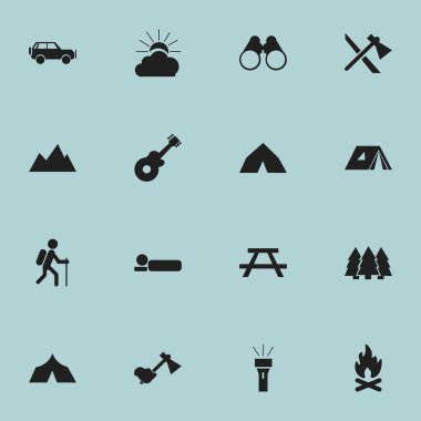 16 düzenlenebilir kamp simgeler kümesi. Sunrise, Ax, sırt yatağı ve daha fazlası gibi simgeler içerir. Web, mobil, UI ve Infographic tasarımı için kullanılabilir.
