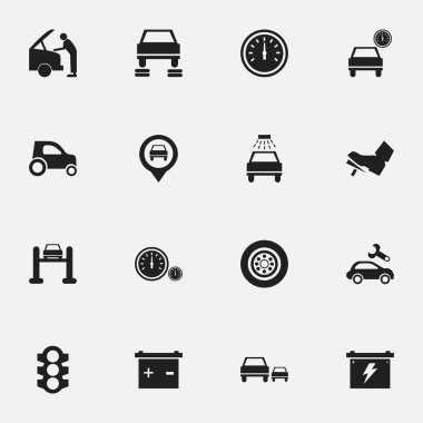 16 düzenlenebilir taşıma simgeler kümesi. Araç Araba, pil, yarış ve daha fazlası gibi simgeler içerir. Web, mobil, UI ve Infographic tasarımı için kullanılabilir.