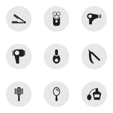 9 düzenlenebilir Kuaför simgeler kümesi. Desiccator, al saç gibi simgeler içerir kurutucu, reflektör ve daha fazlası. Web, mobil, UI ve Infographic tasarımı için kullanılabilir.
